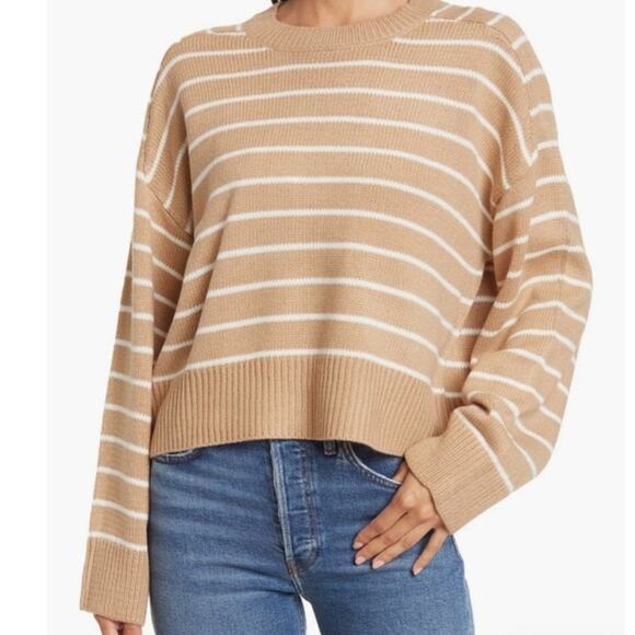 T Tahari Cropped Sweater Tan & Cream Stripe Oversized Slouch Style Size M - Picture 1 of 11